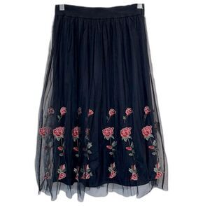 NEW Miami Women’s Black Tulle Full Skirt, Embroidered with Roses, Size Small